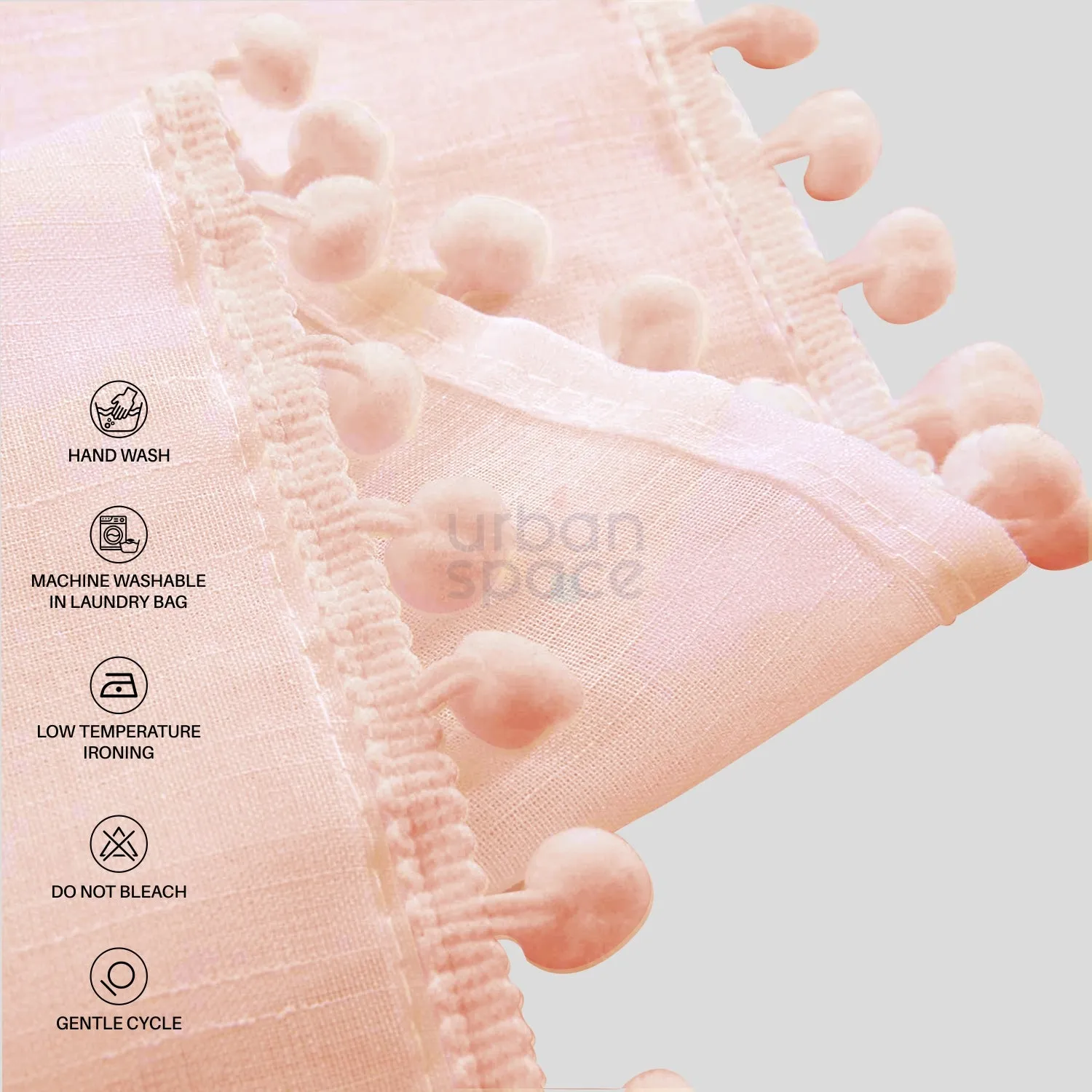 Sheer Curtain for Living Room with linen texture, Net Curtain for balcony, Pack of 2 Curtains - Blush Pink with pom pom