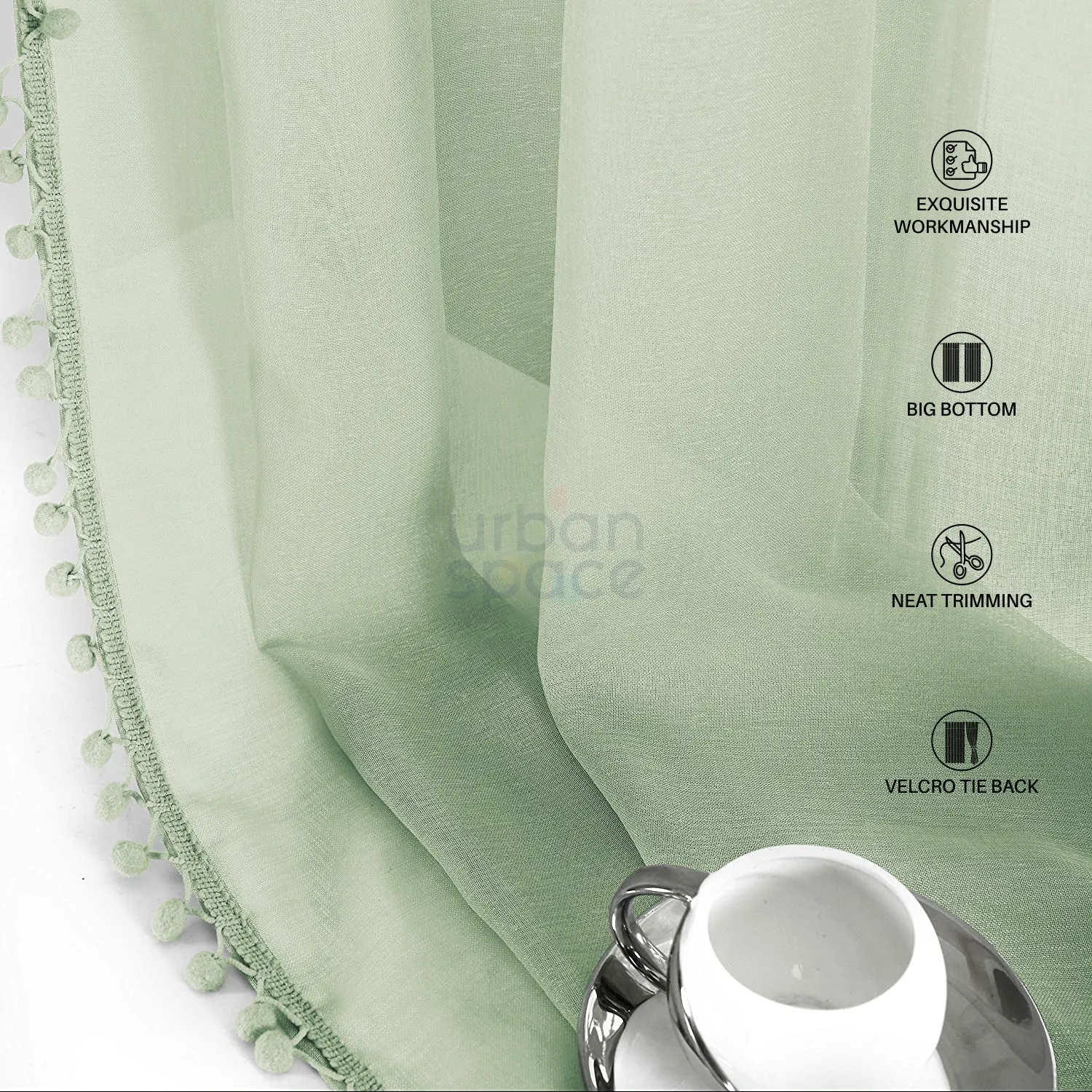 Sheer Curtain for Living Room with linen texture, Net Curtain for balcony, Pack of 2 Curtains -  Green with Pom pom