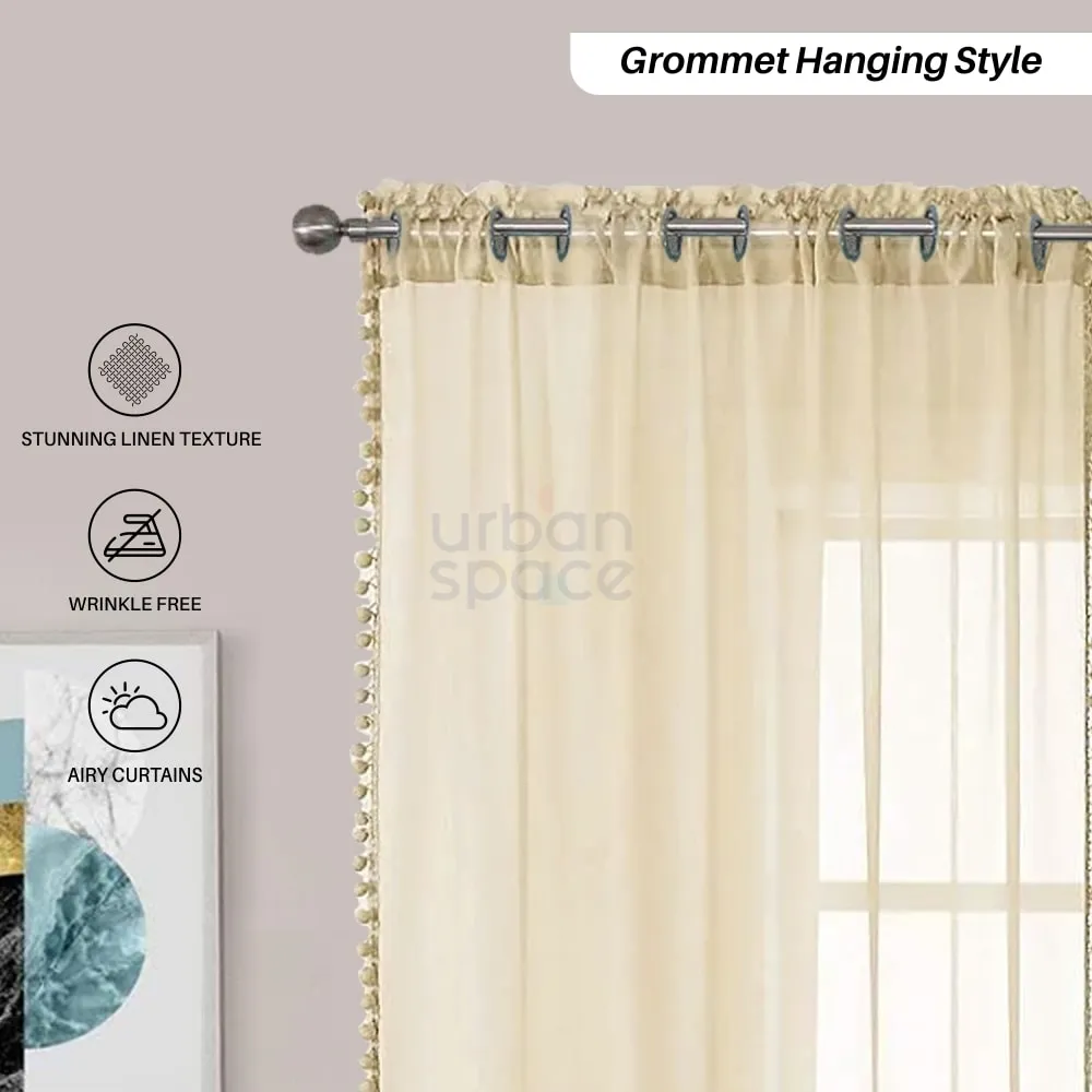 Sheer Curtain for Living Room with linen texture, Net Curtain for balcony, Pack of 2 Curtains - Taupe with pom pom