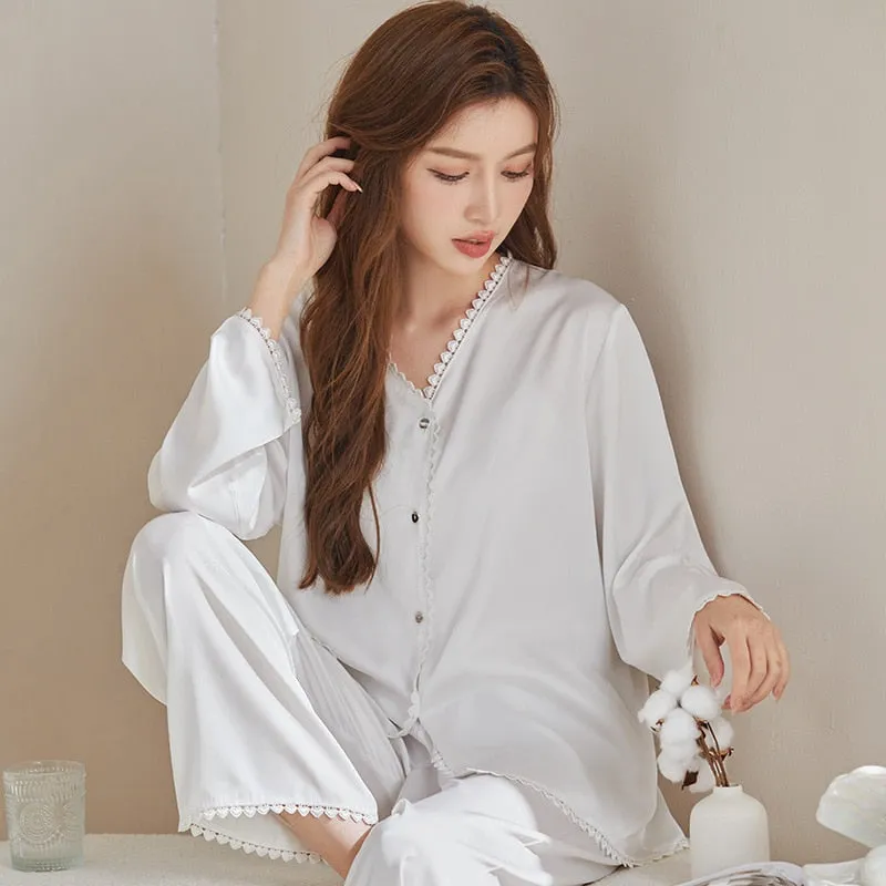 Silk-like Pajamas Women's Spring Summer Long-sleeved Cardigan Suit Solid Lace Cool Casual Two-piece Home Clothes Set