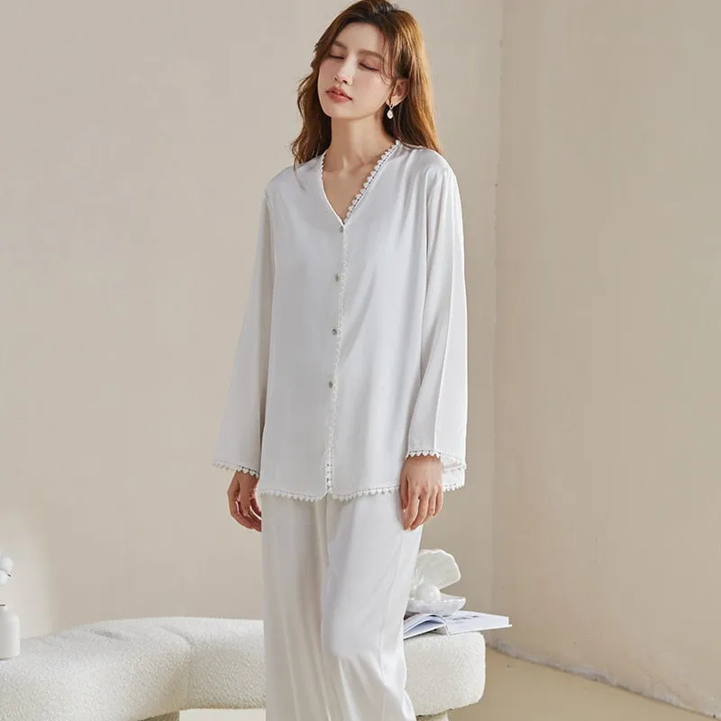 Silk-like Pajamas Women's Spring Summer Long-sleeved Cardigan Suit Solid Lace Cool Casual Two-piece Home Clothes Set