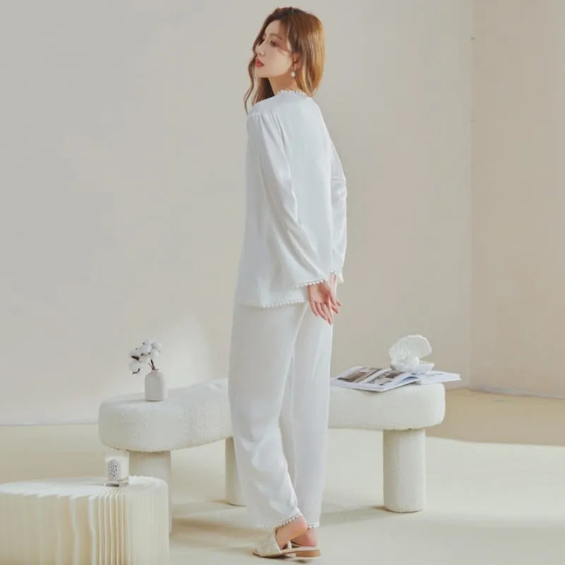 Silk-like Pajamas Women's Spring Summer Long-sleeved Cardigan Suit Solid Lace Cool Casual Two-piece Home Clothes Set