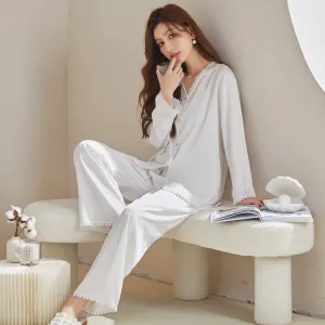 Silk-like Pajamas Women's Spring Summer Long-sleeved Cardigan Suit Solid Lace Cool Casual Two-piece Home Clothes Set