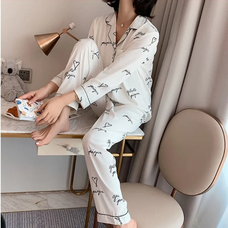 Simulation Silk Pajamas Women Summer Thin Long Sleeved Cardigan Two-piece Set Fashion Letter Printing Home Clothing