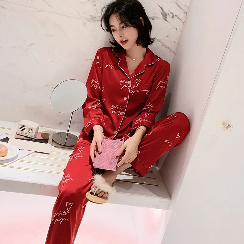 Simulation Silk Pajamas Women Summer Thin Long Sleeved Cardigan Two-piece Set Fashion Letter Printing Home Clothing