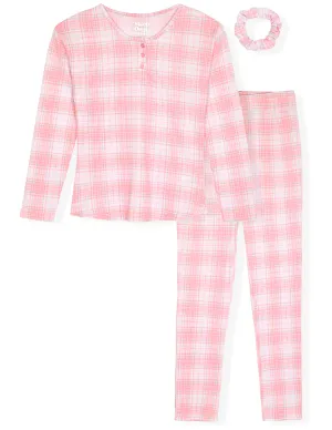 Sleep On It Girls 2-Piece Hacci Pajama Set with Matching Scrunchie - Pink Plaid