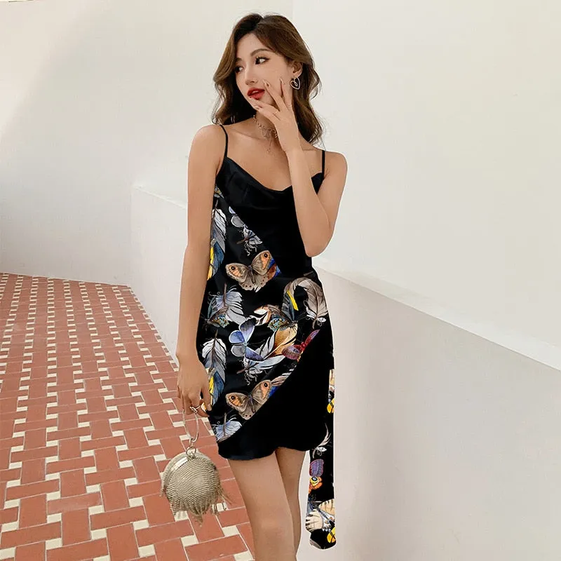 Small Daisy Silk Like Sexy Sling Dress Women's Summer Pajama Printed Home Clothing Sleeveless Thin Suspender Short Skirt