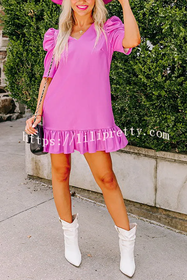 Stylish Setting Faux Leather Puff Sleeve Ruffle Hem Mini Dress