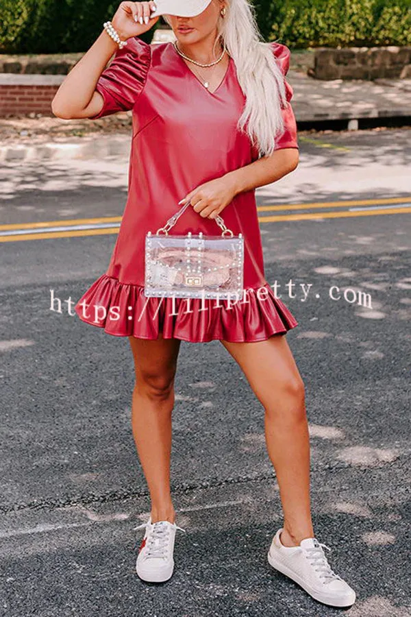 Stylish Setting Faux Leather Puff Sleeve Ruffle Hem Mini Dress