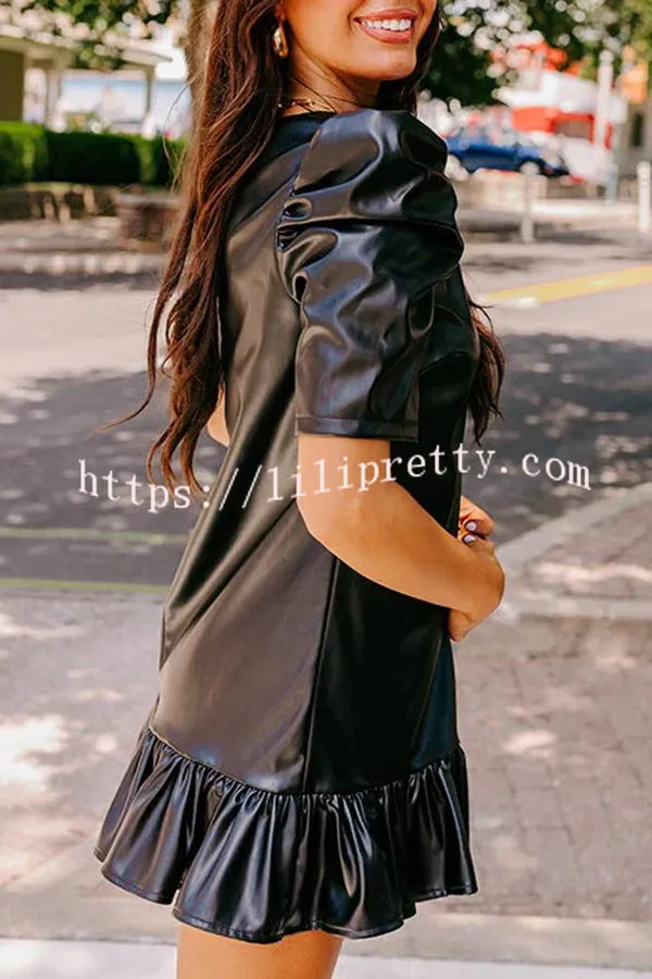 Stylish Setting Faux Leather Puff Sleeve Ruffle Hem Mini Dress