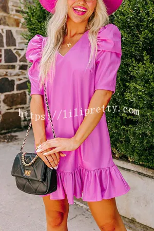 Stylish Setting Faux Leather Puff Sleeve Ruffle Hem Mini Dress