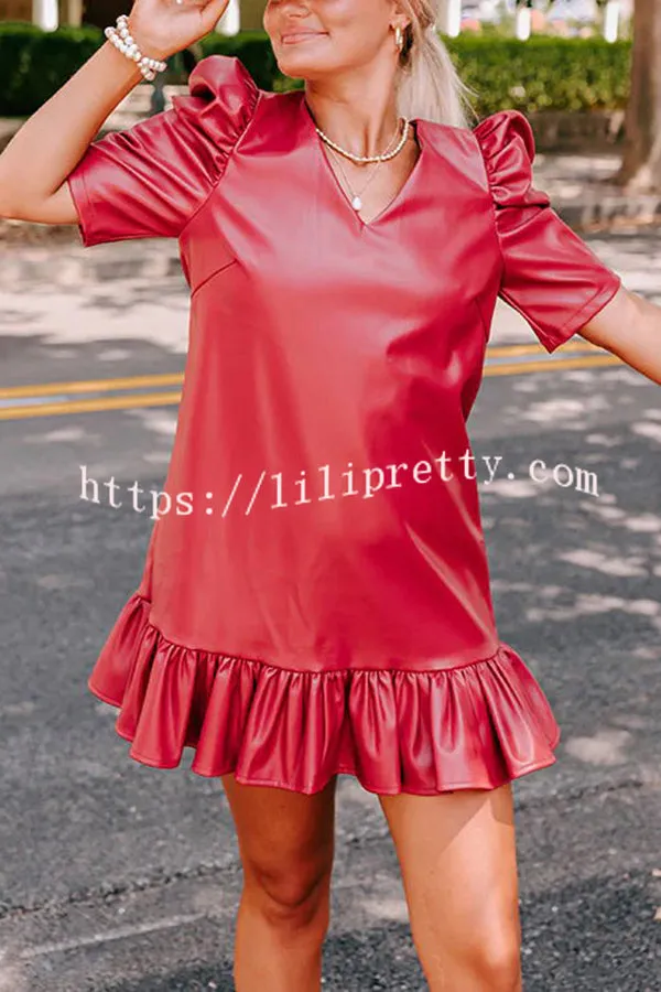 Stylish Setting Faux Leather Puff Sleeve Ruffle Hem Mini Dress