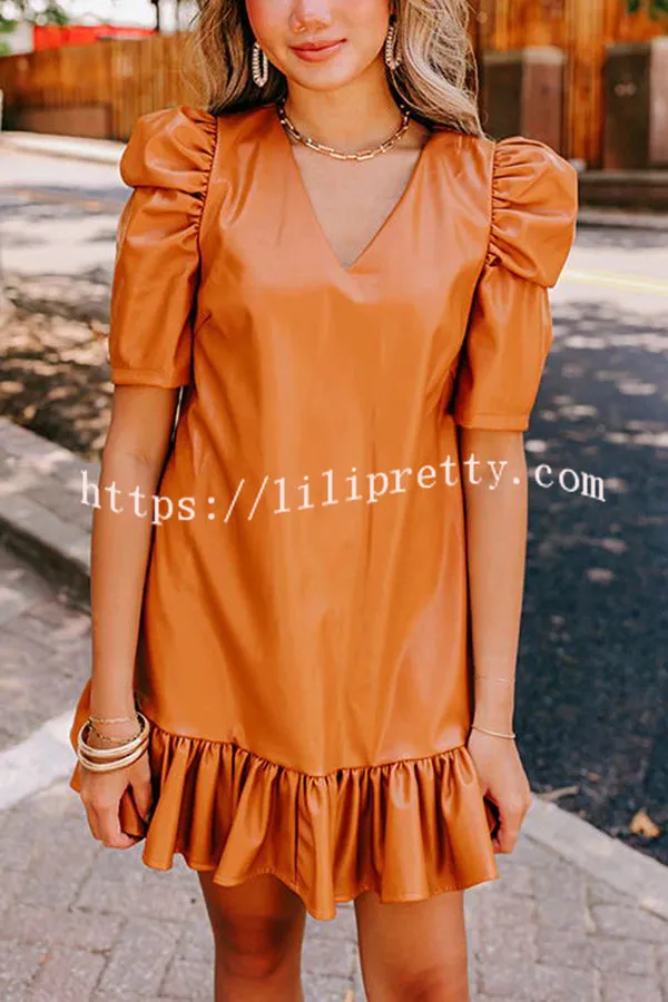 Stylish Setting Faux Leather Puff Sleeve Ruffle Hem Mini Dress