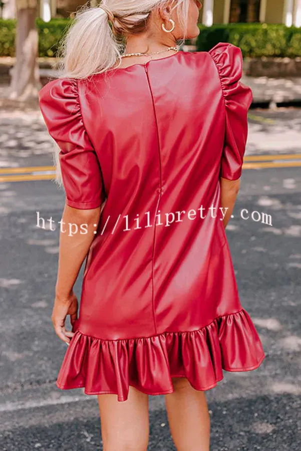 Stylish Setting Faux Leather Puff Sleeve Ruffle Hem Mini Dress