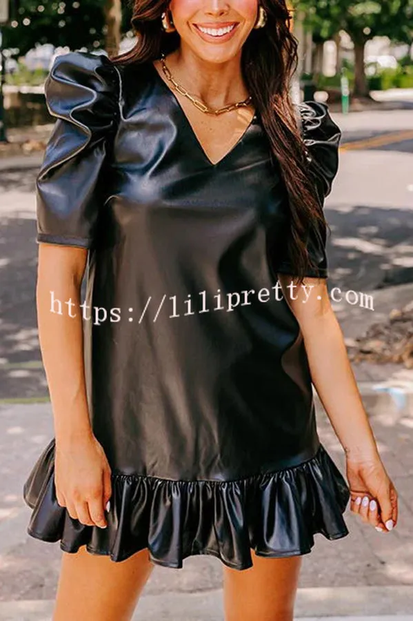 Stylish Setting Faux Leather Puff Sleeve Ruffle Hem Mini Dress