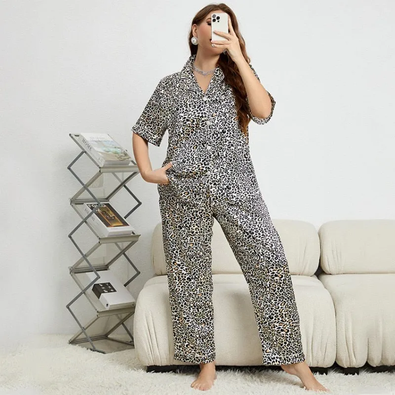 Summer Simulation Silk Black Leopard Printed Large Size Nightdress Women's Fashion Casual Pajamas Set Sexy Home Clothing