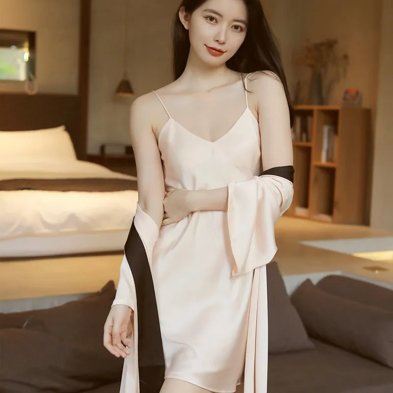 Summer Women's Pajamas Robe Set Fashion Hit Colors Bathrobe Sleepwear Silk Like Leisure Home Clothes Sling Dress