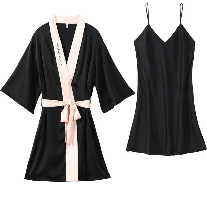 Summer Women's Pajamas Robe Set Fashion Hit Colors Bathrobe Sleepwear Silk Like Leisure Home Clothes Sling Dress