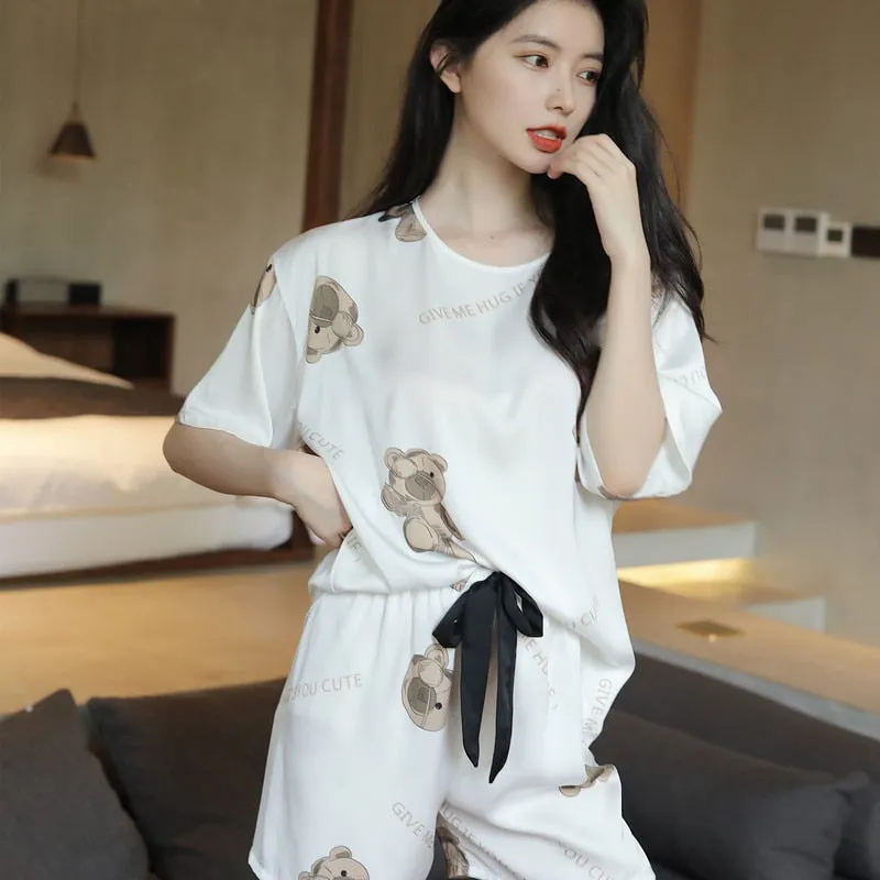 Summer Women's Pajamas Set Cute Bear Print Loose Top Sleepwear Short Casual Silk Like Homewear 2pcs Nightie Femme