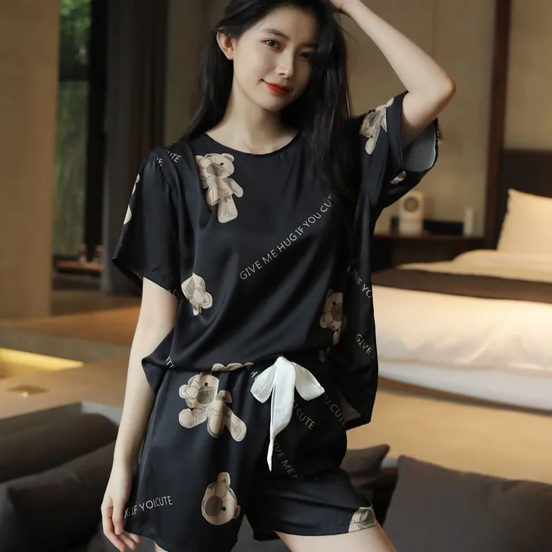 Summer Women's Pajamas Set Cute Bear Print Loose Top Sleepwear Short Casual Silk Like Homewear 2pcs Nightie Femme