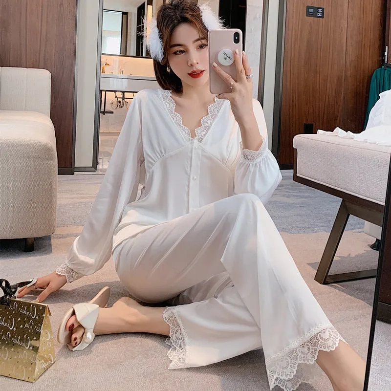 Summer Women's Pajamas Set Fashion Lace V Neck Sexy Sleepwear Silk Like Nightwear Home Clothes Suit Pyjamas Femme