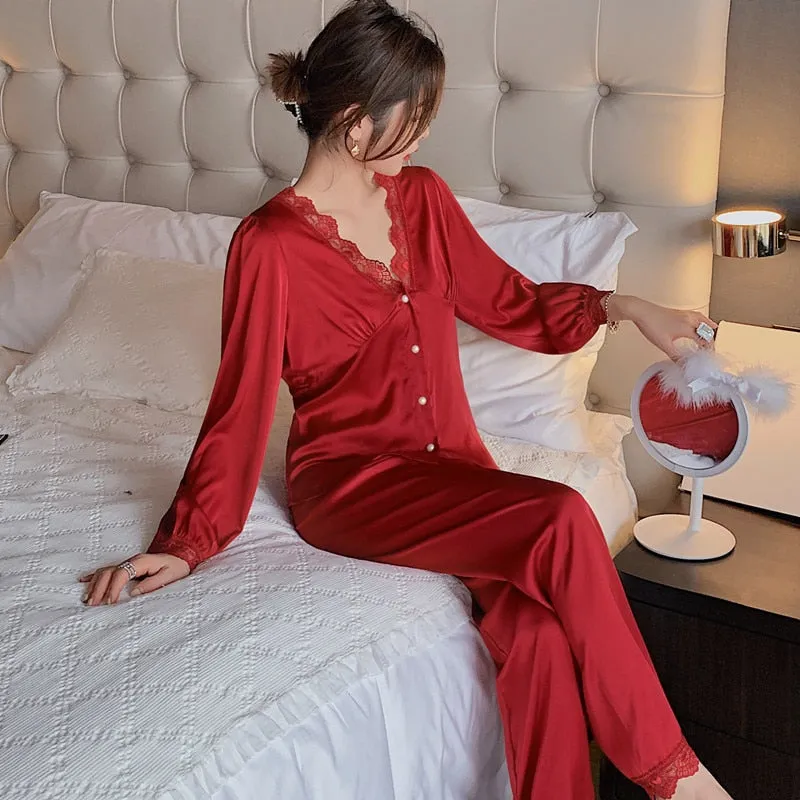 Summer Women's Pajamas Set Fashion Lace V Neck Sexy Sleepwear Silk Like Nightwear Home Clothes Suit Pyjamas Femme