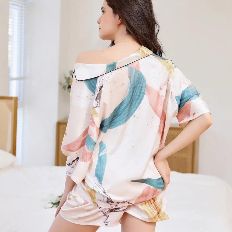 Summer Women's Pajamas Set Tripical Plants Print Loose Top Sleepwear Short Casual Silk Like Homewear 2pcs Nightie Femme