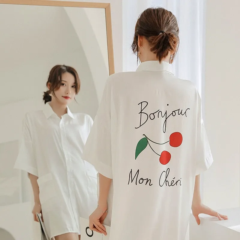 Summer Women's Pajamas V Neck Fashion Cherry Letter Sleepdress Nightie Silk Like Leisure Home Clothes Shirt Nightwear