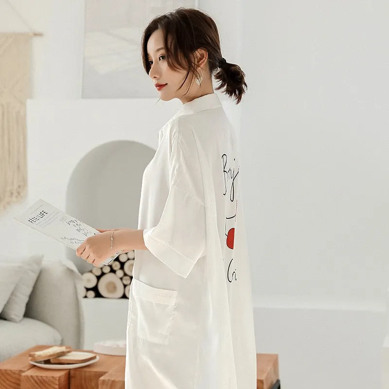 Summer Women's Pajamas V Neck Fashion Cherry Letter Sleepdress Nightie Silk Like Leisure Home Clothes Shirt Nightwear