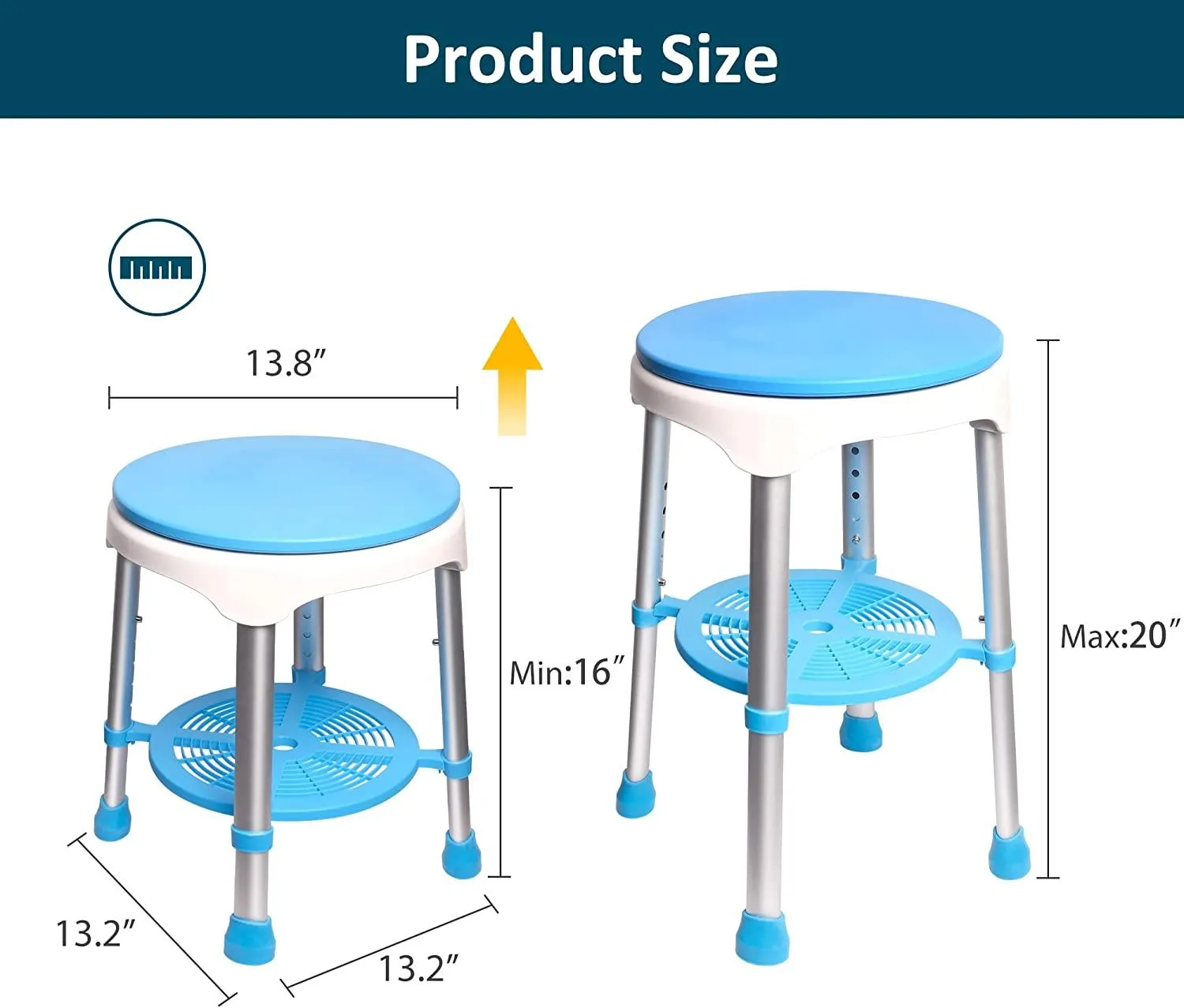 Swivel Shower Chair for Inside Shower, 300lbs Tool-Free Assembly  Shower Stools with 5 Adjustable Height, Storage Tray