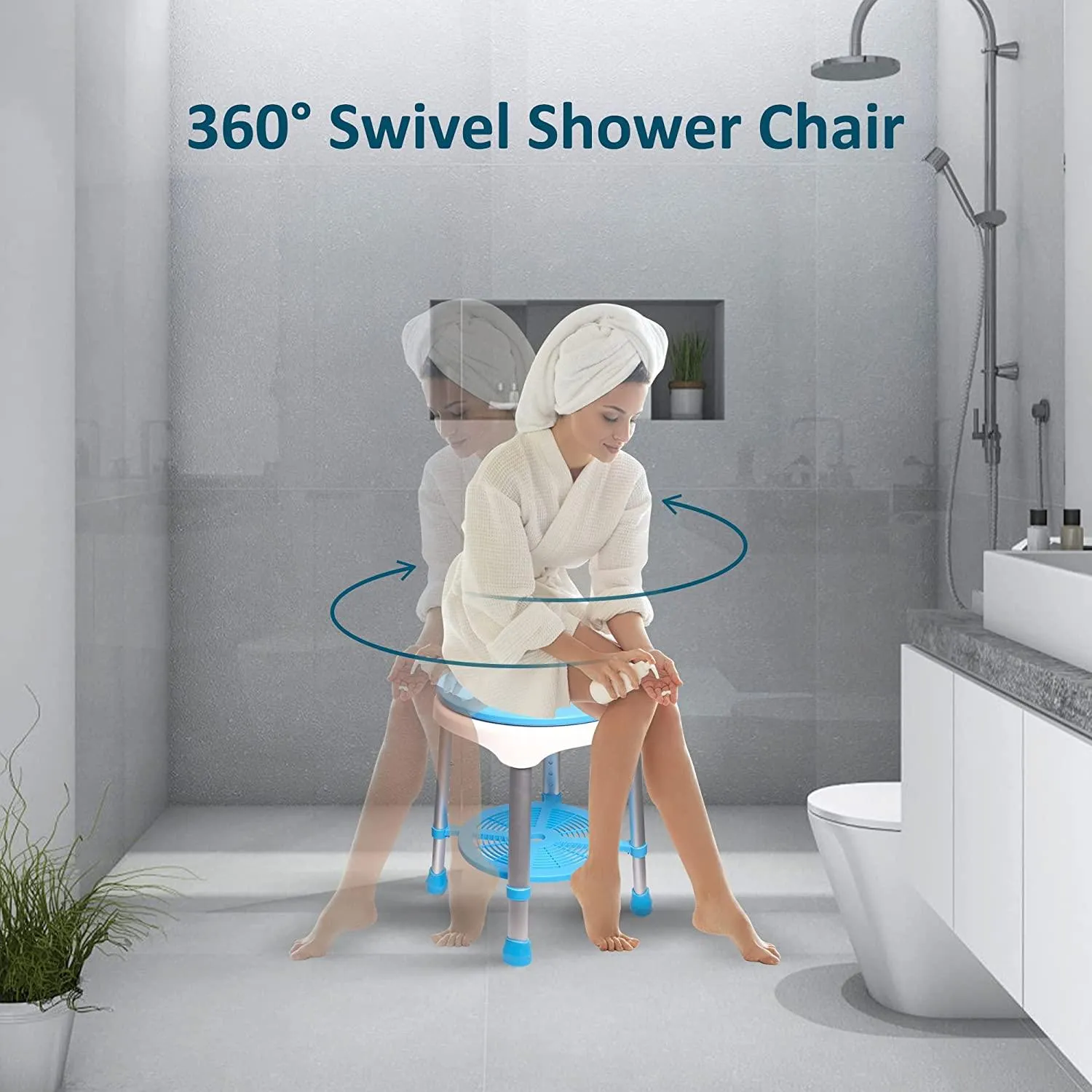 Swivel Shower Chair for Inside Shower, 300lbs Tool-Free Assembly  Shower Stools with 5 Adjustable Height, Storage Tray