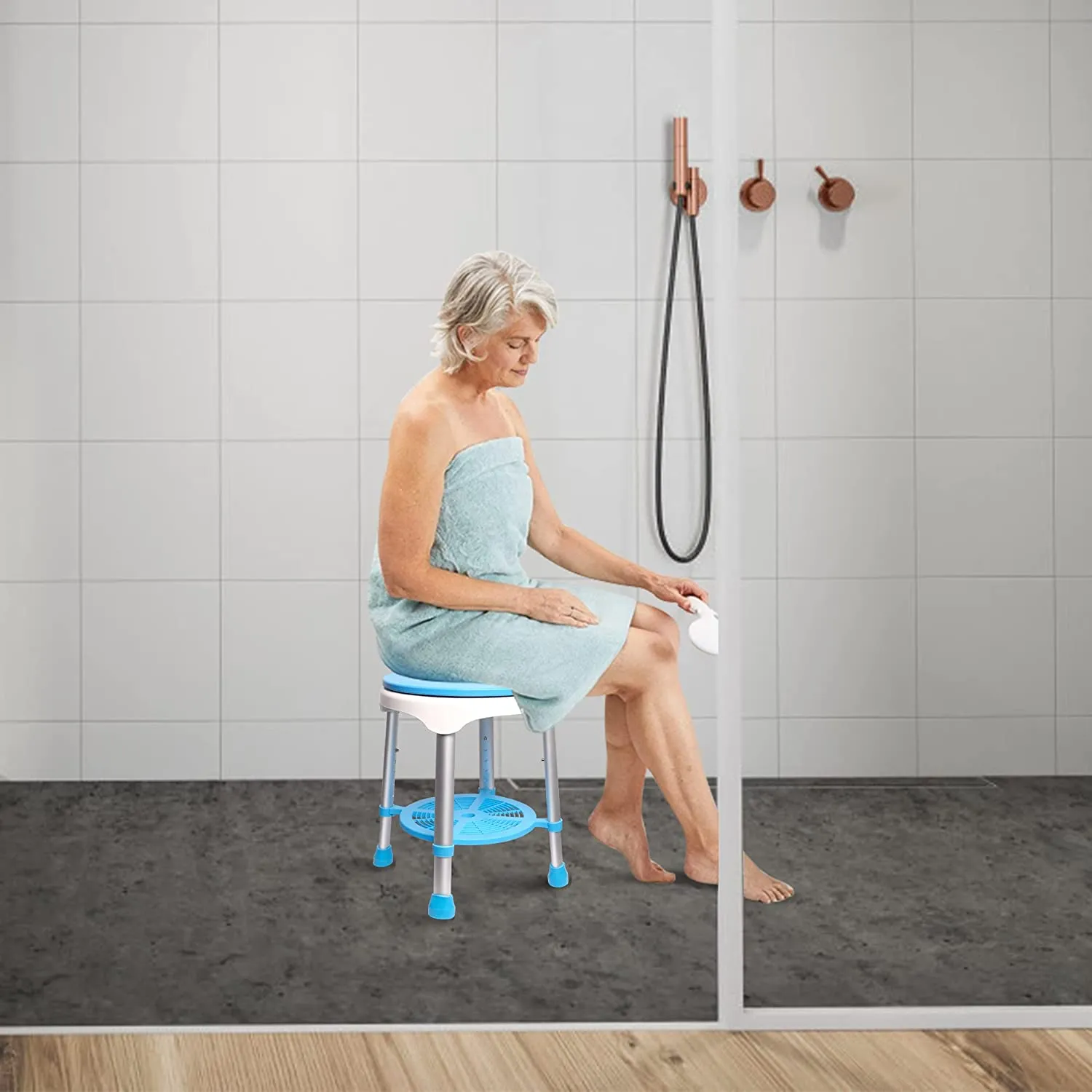 Swivel Shower Chair for Inside Shower, 300lbs Tool-Free Assembly  Shower Stools with 5 Adjustable Height, Storage Tray