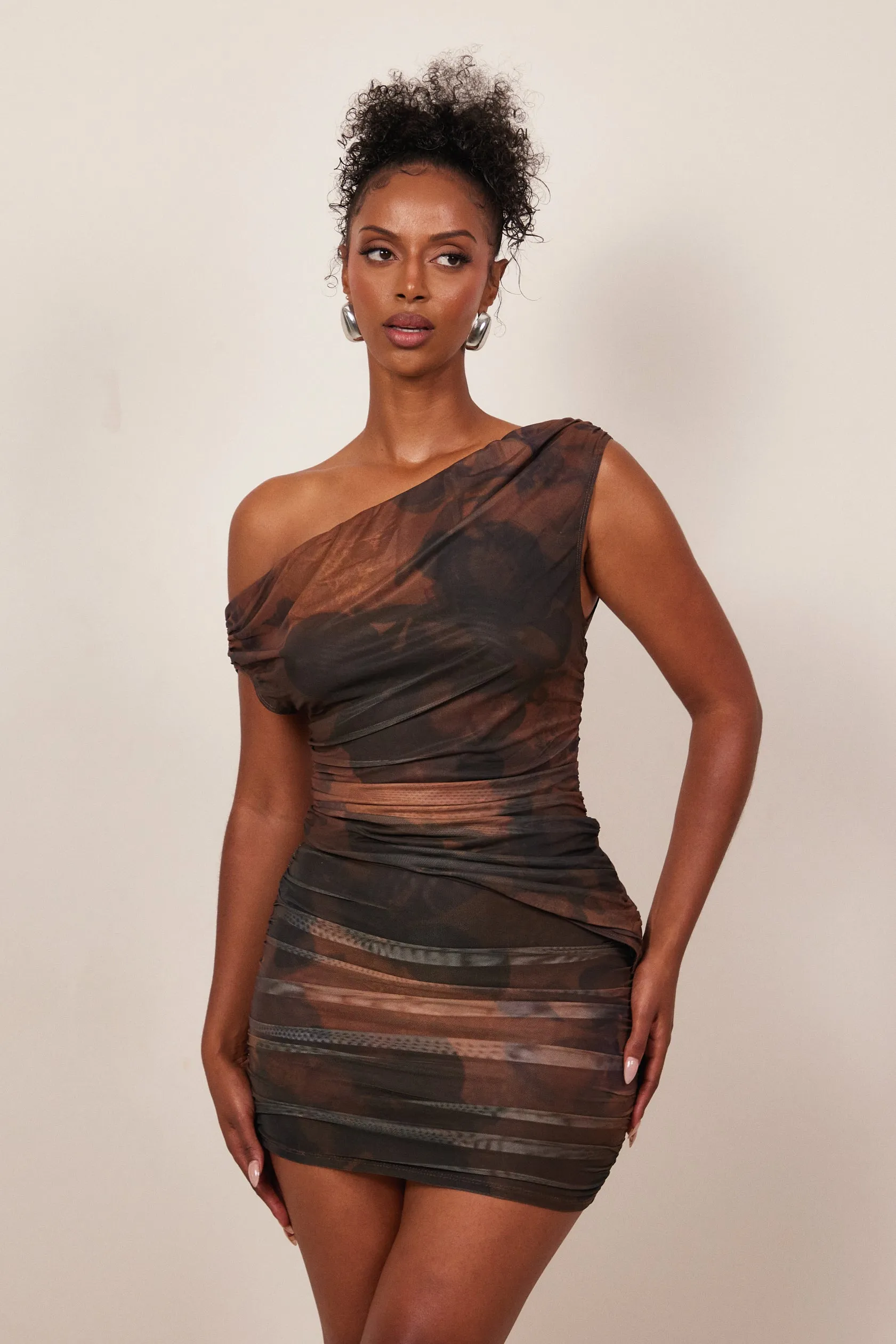 The One Shoulder Drape set- Rust Print