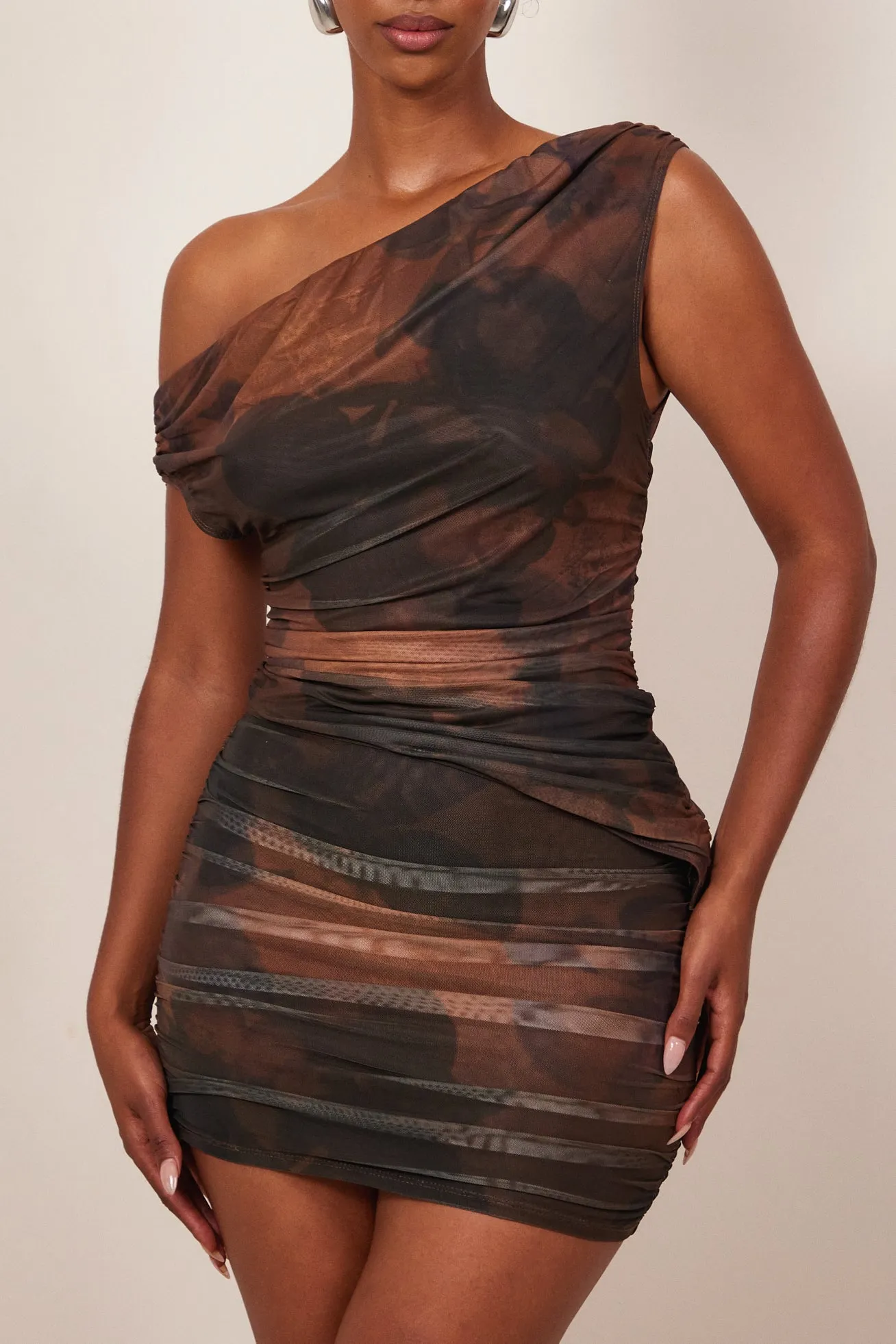 The One Shoulder Drape set- Rust Print