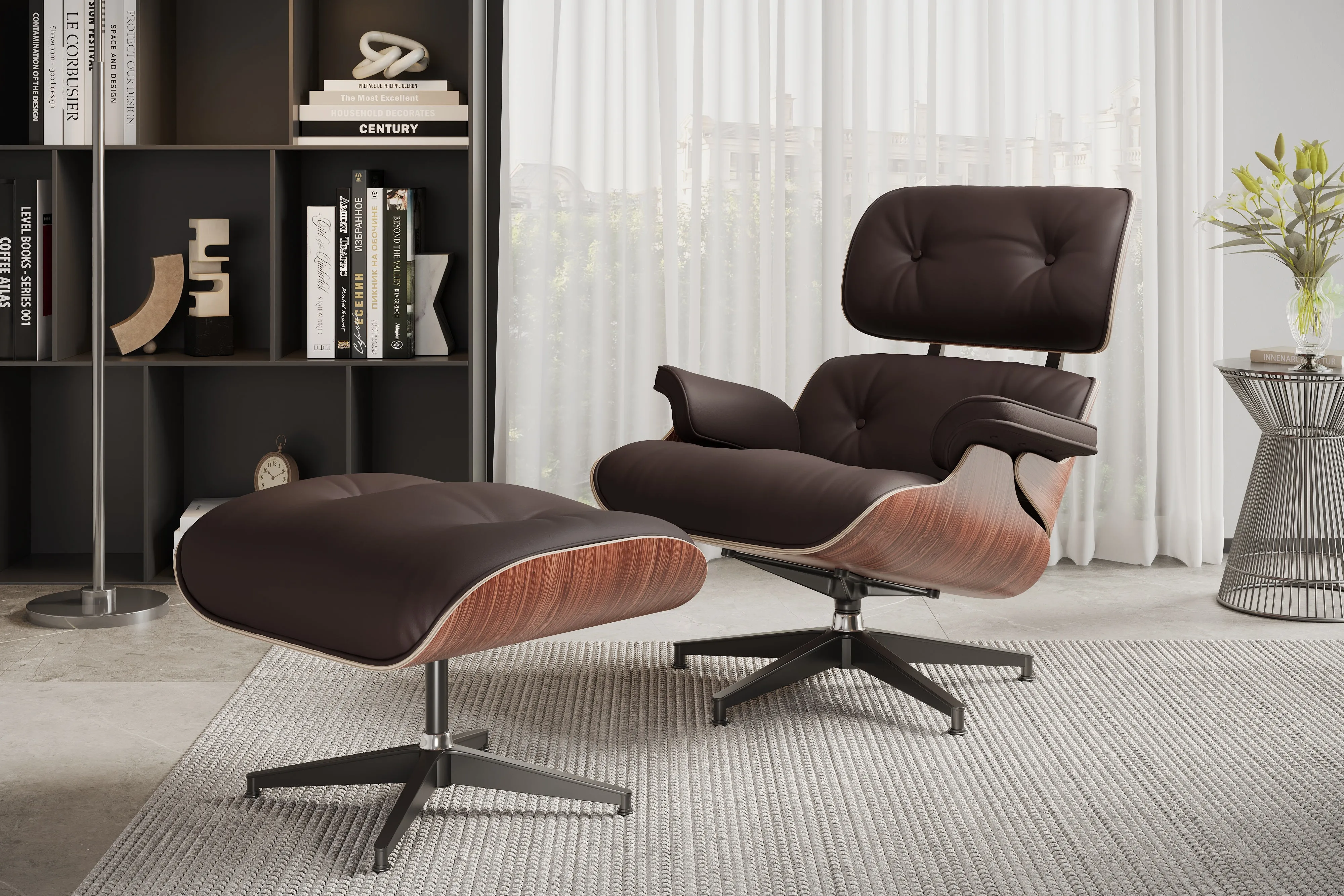 Valencia Armoni Eames Replica Top Grain Leather Lounge Chair & Ottoman, Dark Chocolate