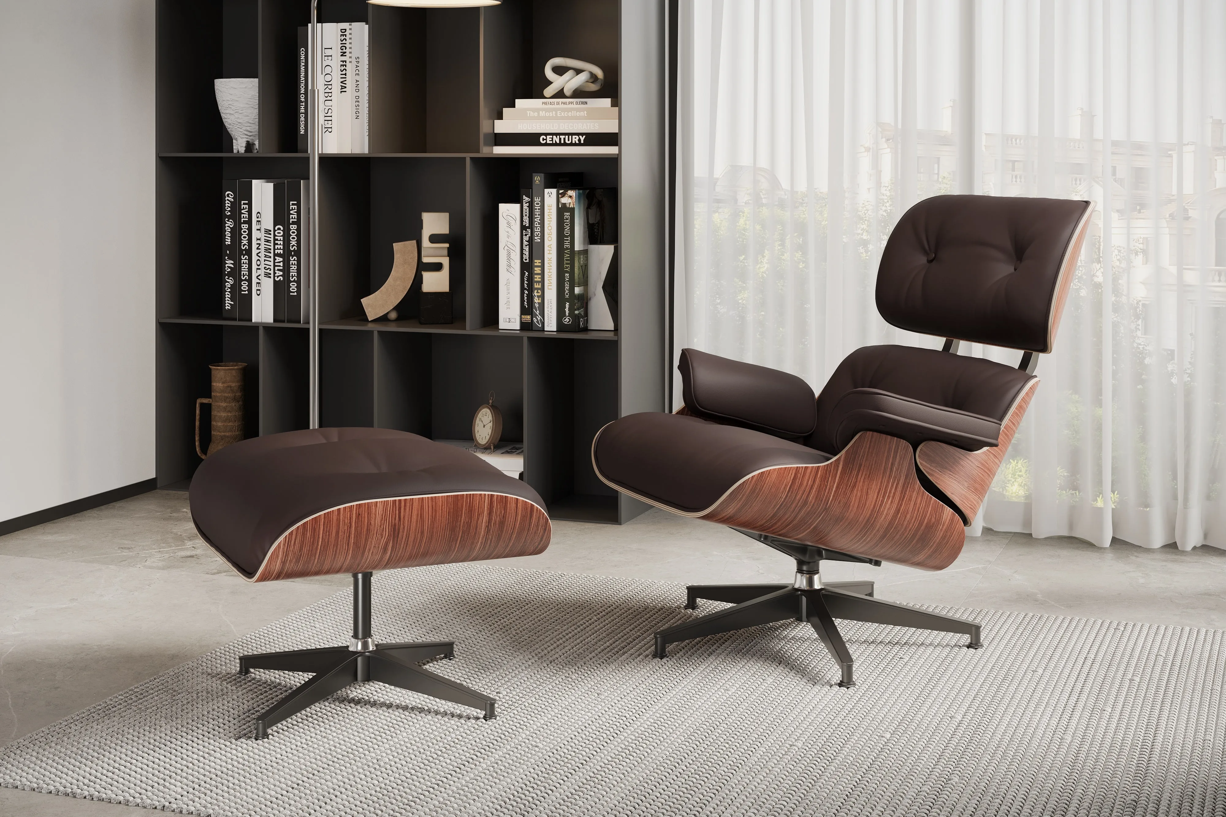 Valencia Armoni Eames Replica Top Grain Leather Lounge Chair & Ottoman, Dark Chocolate