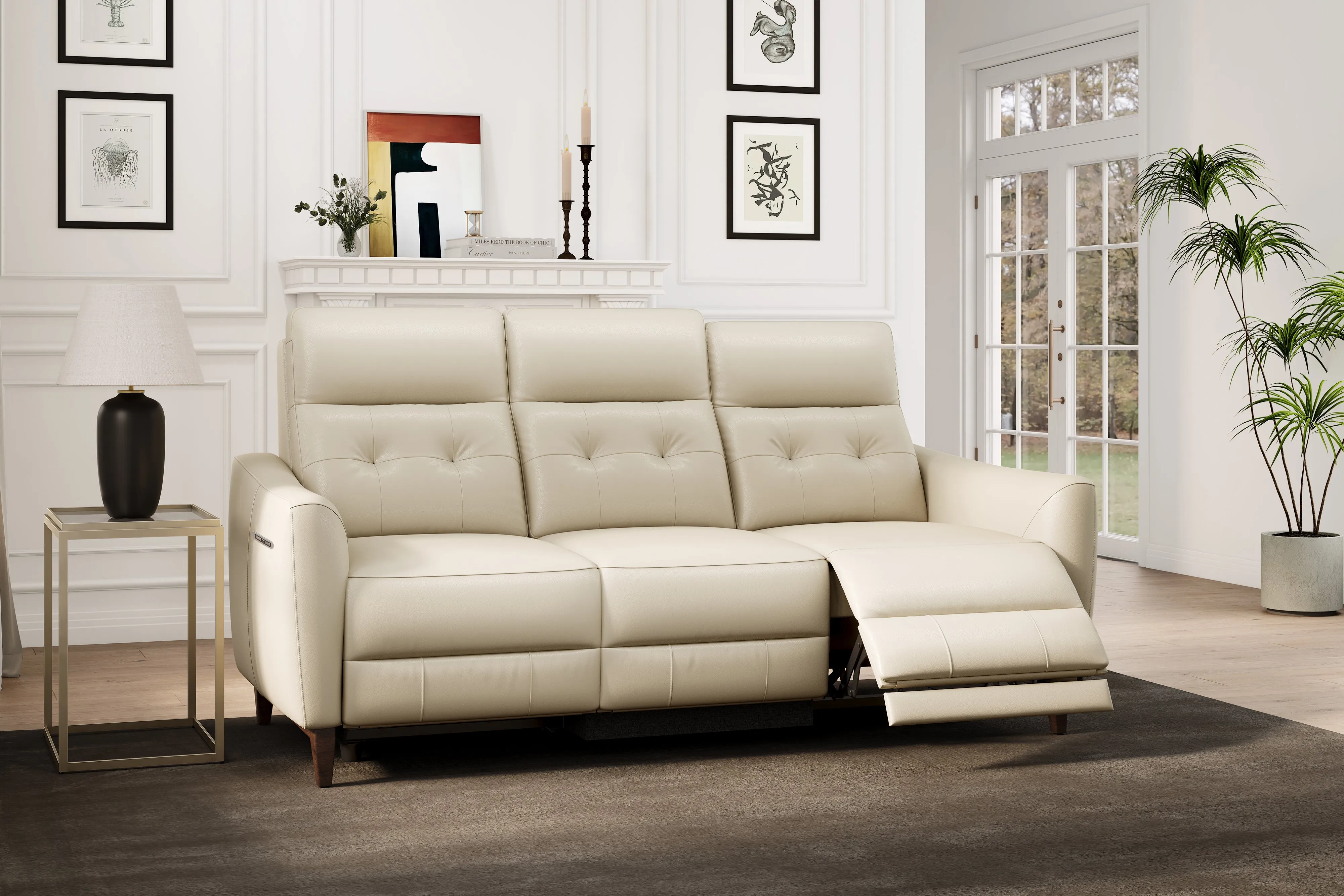 Valencia Elena Leather Three Seats Power Recliner Sofa, Cream