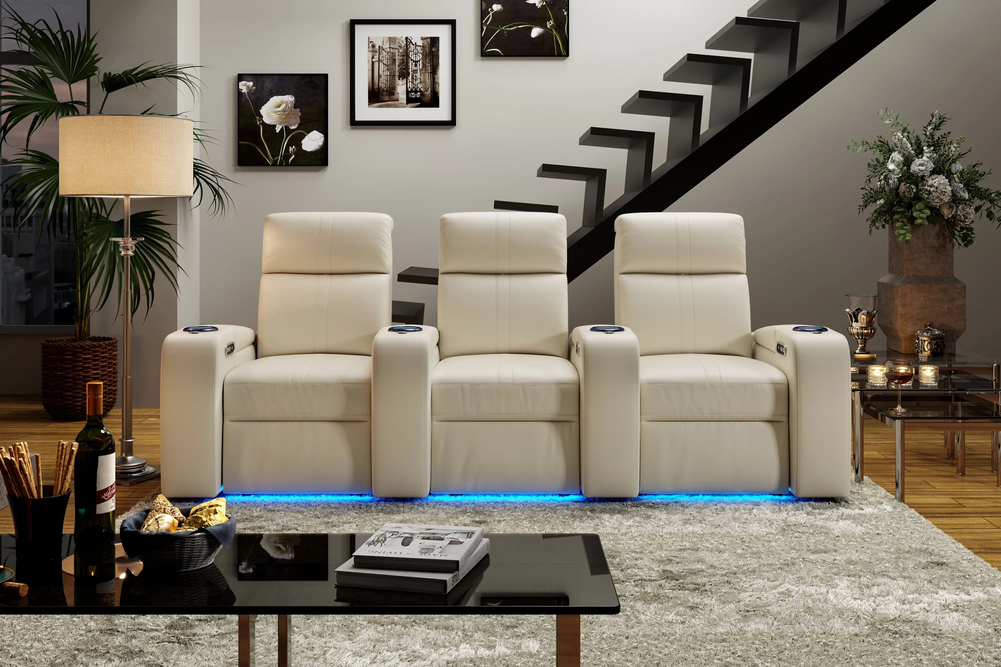 Valencia Natalie Top Grain Leather Row of 3 Recliner Sofa, Cream