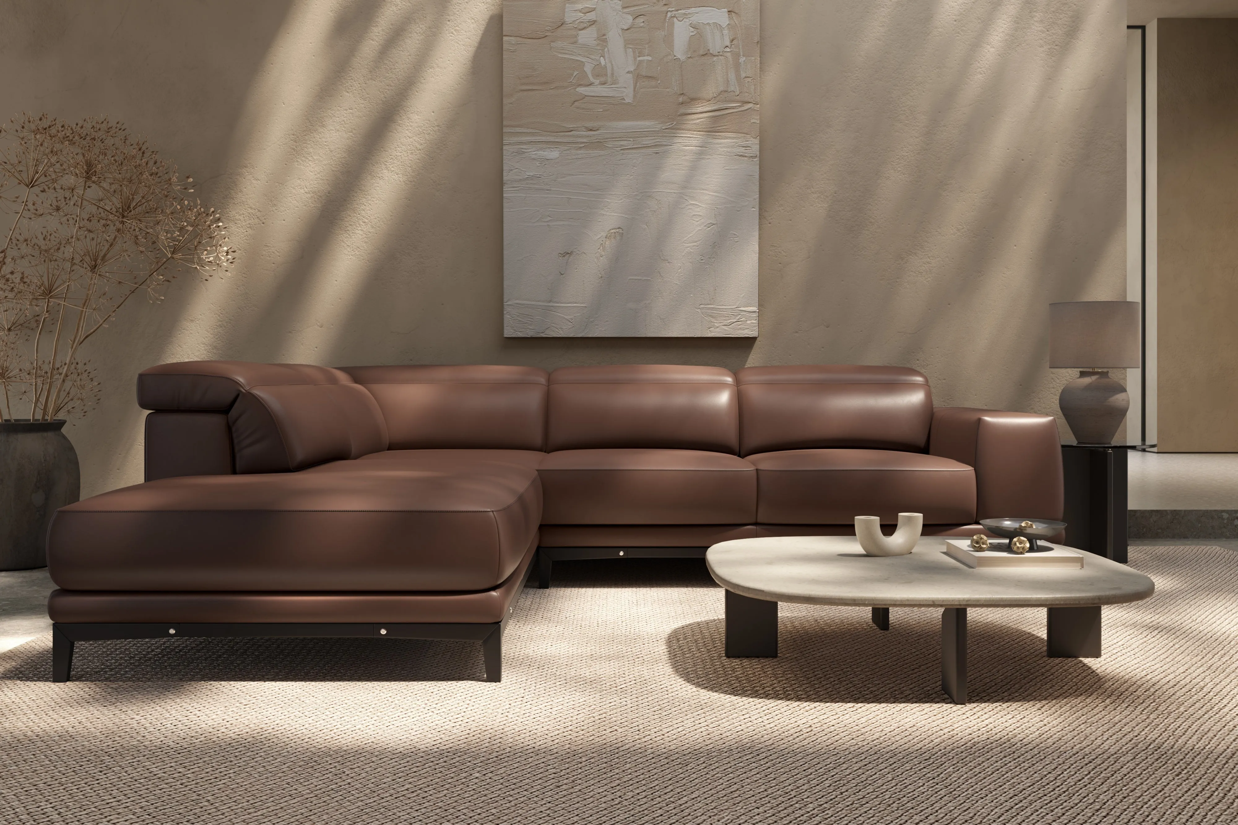 Valencia Valletta Top Grain Leather Sofa, L-Shape with Left Chaise, Dark Brown