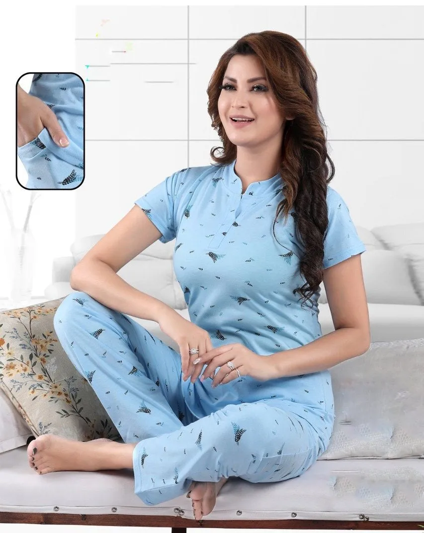 Women's Cotton Printed Blue Night suit Pajama Set