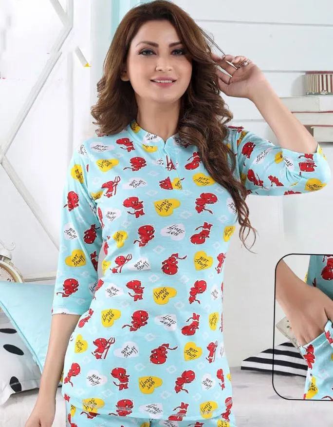 Women's Cotton Printed Blue Nightsuit Long Top Pajama Set