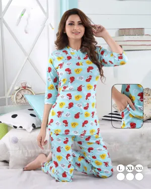 Women's Cotton Printed Blue Nightsuit Long Top Pajama Set