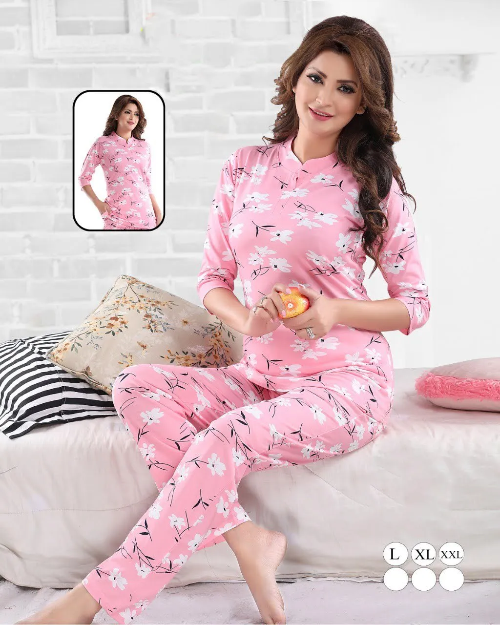 Women's Cotton Printed Pink Nightsuit Long Top Pajama Set