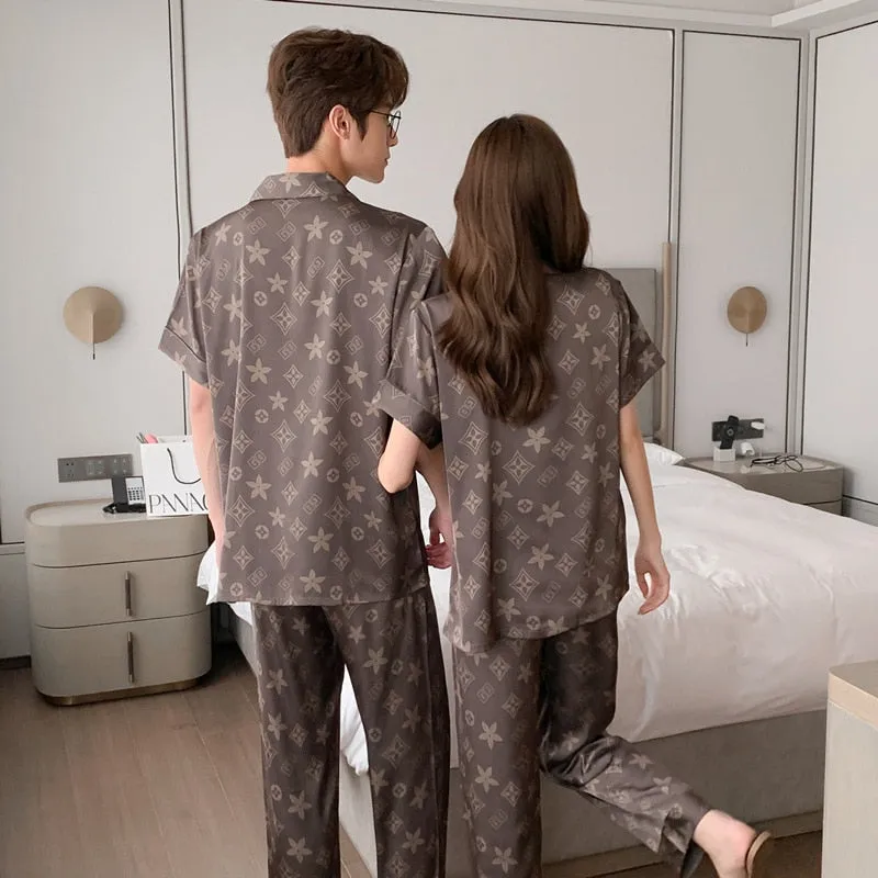 Women's Imitation Silk Large Loose Pajamas Couple Fashion Printed Homewear Lapel Short Sleeve Pants Two Piece Set