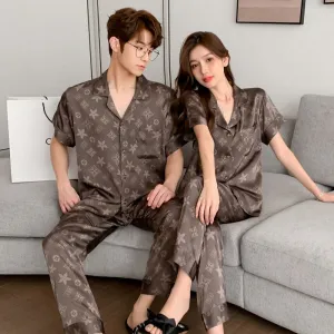 Women's Imitation Silk Large Loose Pajamas Couple Fashion Printed Homewear Lapel Short Sleeve Pants Two Piece Set