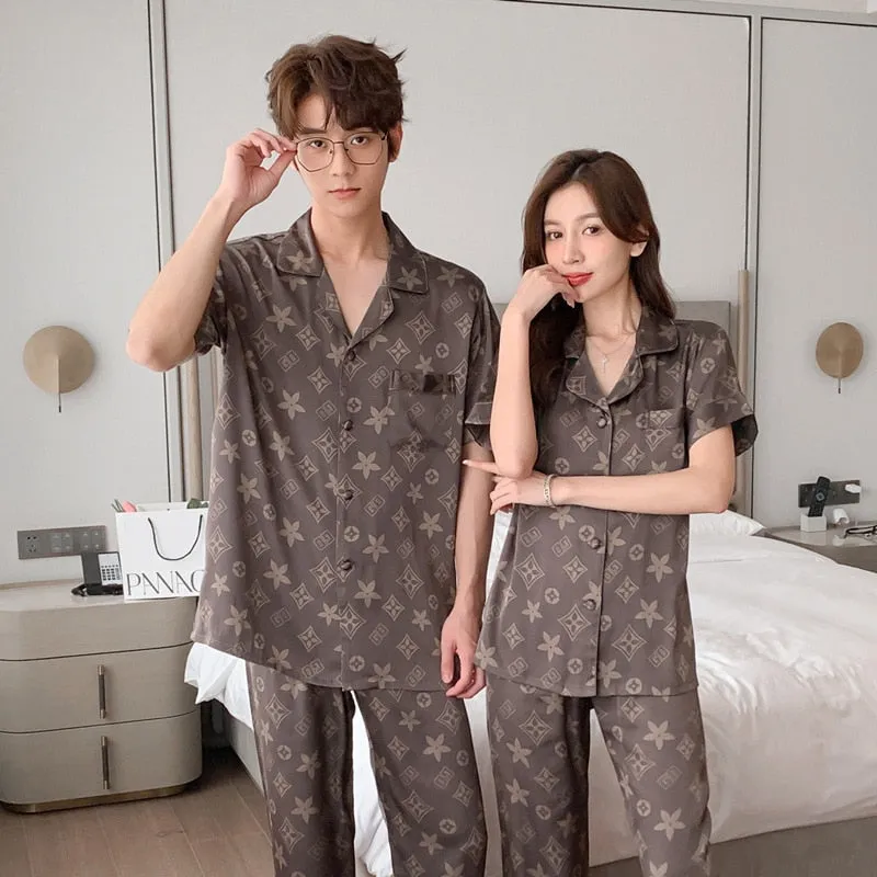 Women's Imitation Silk Large Loose Pajamas Couple Fashion Printed Homewear Lapel Short Sleeve Pants Two Piece Set