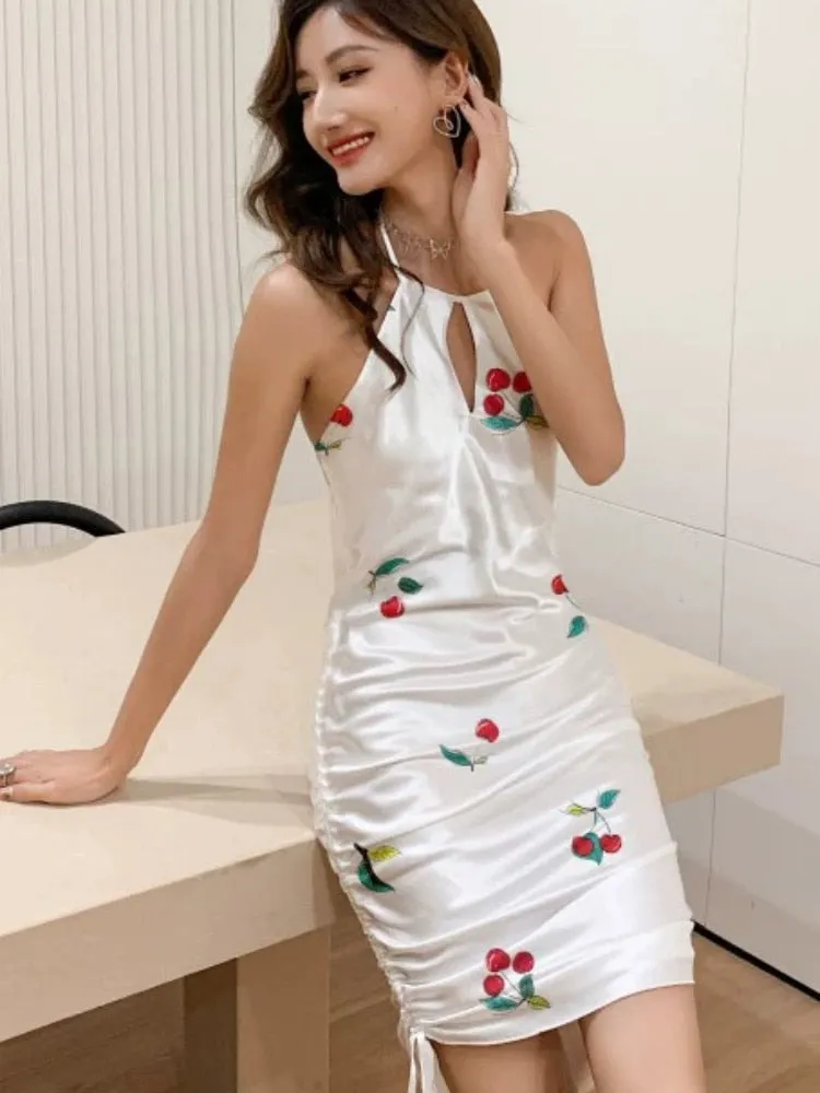 Women's Imitation Silk Pajama Summer Sexy Suspender Sleeping Dress Underlay Nightgown Printed Casual Home Clothes