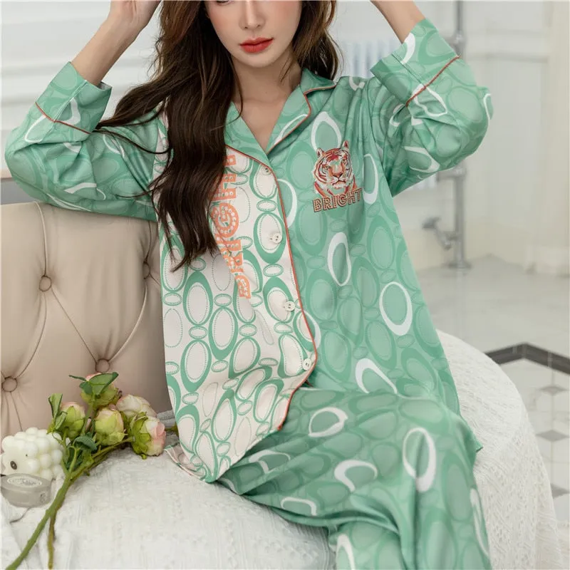 Women's Imitation Silk Pajamas Spring Autumn Fashion Long Sleeve Lapel Pants Cardigan Set Girls Large Home Clothing