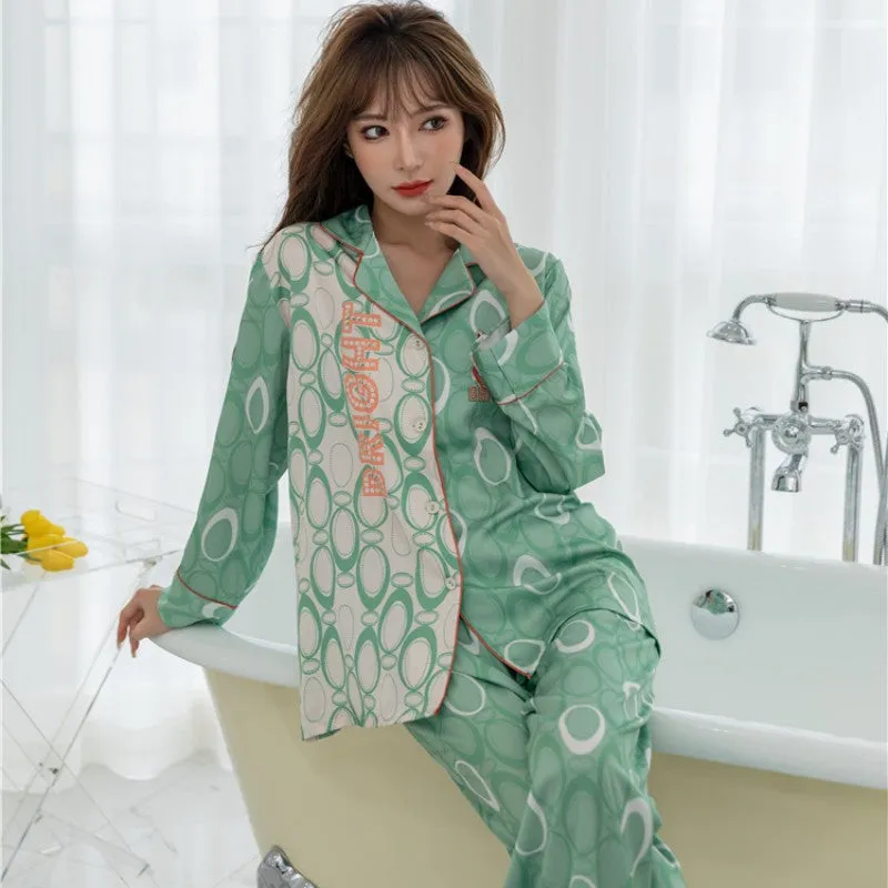 Women's Imitation Silk Pajamas Spring Autumn Fashion Long Sleeve Lapel Pants Cardigan Set Girls Large Home Clothing