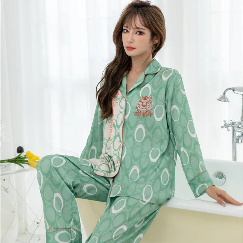 Women's Imitation Silk Pajamas Spring Autumn Fashion Long Sleeve Lapel Pants Cardigan Set Girls Large Home Clothing